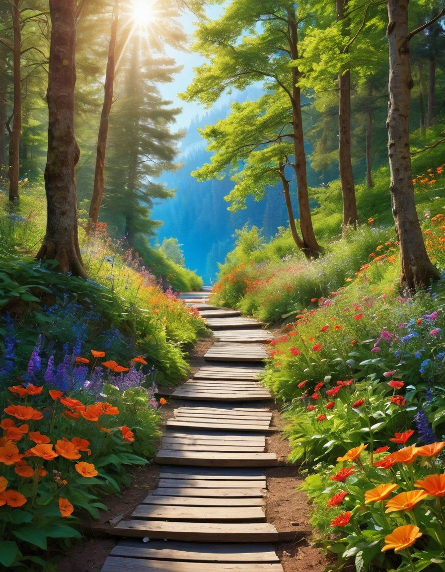 A serene path winding through a vibrant, sunlit forest filled with lush greenery and colorful flowers. Alongside the path, cheerful people are engaging in activities like yoga, laughter, and meditation, radiating joy and positivity. In the background, a clear blue sky enhances the feeling of freedom and elation. Incorporate elements symbolizing wellness, like a glowing heart or colorful energy waves. super-realistic. vibrant colors. natural setting.