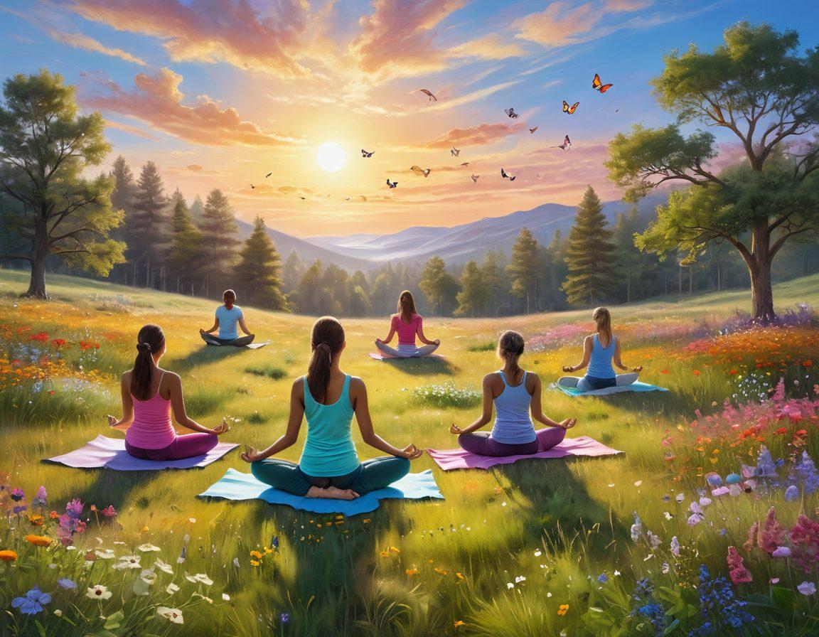 A serene landscape featuring a sun-kissed meadow filled with vibrant wildflowers, where a diverse group of people are joyfully practicing yoga and meditation in harmony. Soft pastel skies and a radiant sun symbolize elation and wellness. Include whimsical butterflies and glowing orbs of light floating above, enhancing the mood of radiance. super-realistic. vibrant colors. bright and uplifting atmosphere.